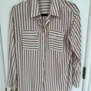 Women's Brown and White Striped Button Down Shirt